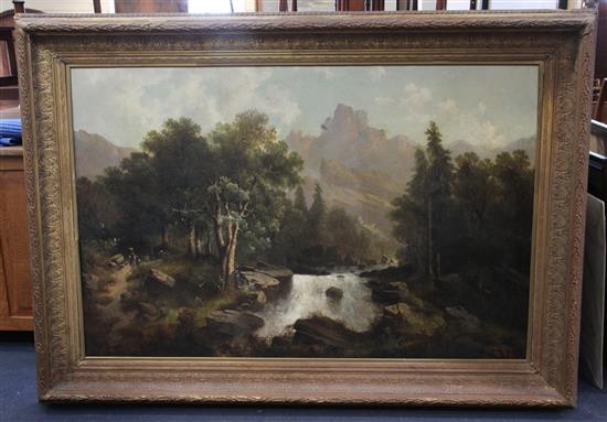 Albert Lang (1847-1933) Alpine landscape with figures near a waterfall 33 x 50in.